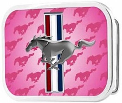 Licensed Pink Ford Mustang Logo Belt Buckle (3.5" W x  2.5" H)